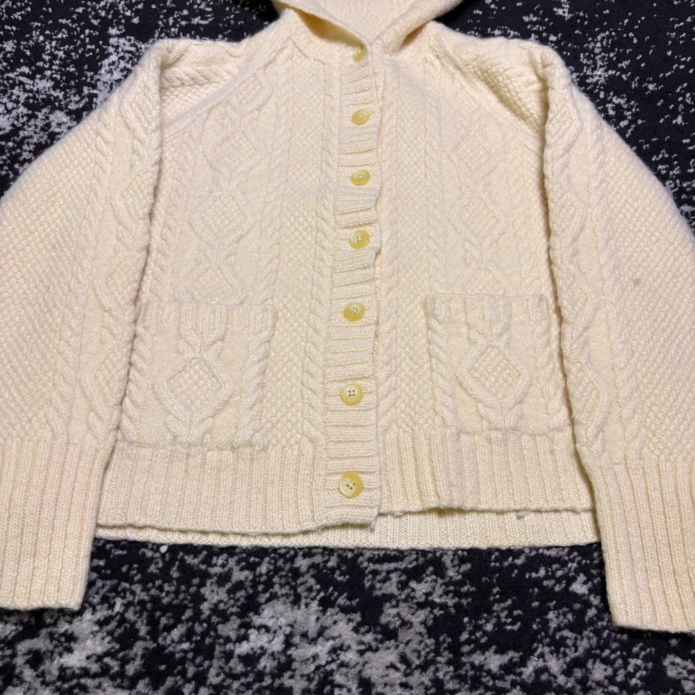 Vintage Lauren Ralph Lauren Hand Knit Wool Cable Cardigan Hooded Sweater Cream L - Picture 2 of 8